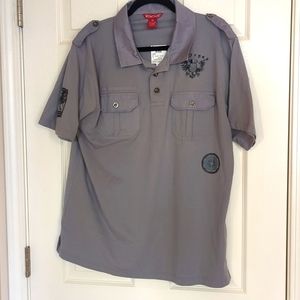 NWT, Montage, XL, gray, short sleeve polo, with military embellishments.